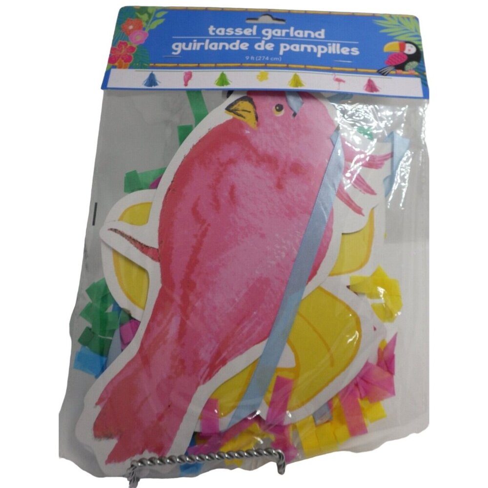 Tropical Tassel Pom Garland Pool Party Banner Pink Flamingo Cockatiel 7 Ft Beach